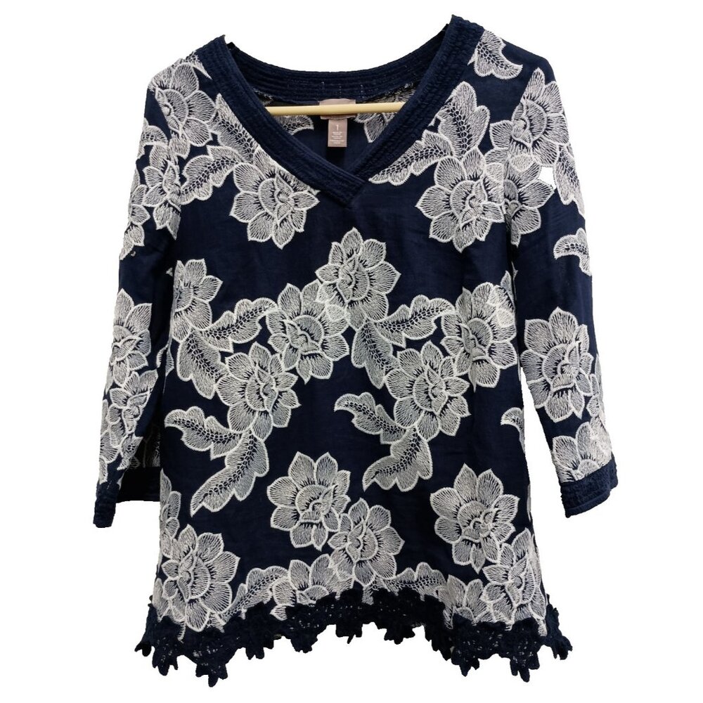 Chicos Womens Top Medium Navy White Embroidered Floral‎ Sheer BOHO Artsy